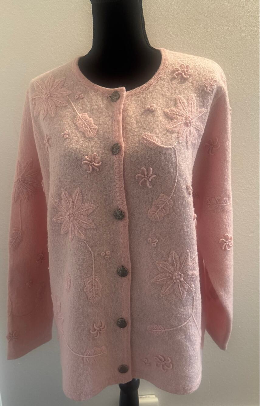 Vtg 90s Appleseeds 100% Wool Embroidered Cardigan Sweater Pink Floral Cottage 1X